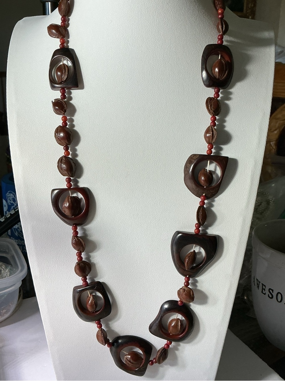 Vintage Tagua Nut Carved Geometric Open Frame Bead Necklace Natural Organic